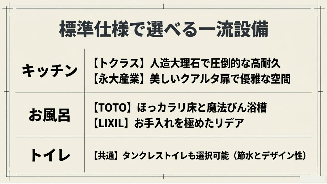 標準仕様で選べる一流設備の一覧。キッチンのトクラス(人造大理石)と永大産業(クアルタ扉)、お風呂のTOTO(ほっカラリ床・魔法びん浴槽)とLIXIL(リデア)、共通で選べるタンクレストイレの紹介