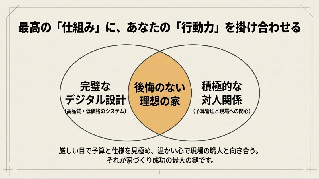 高品質・低価格なシステムの「完璧なデジタル設計」と、予算管理と現場への関心を持つ「積極的な対人関係」を掛け合わせることで、後悔のない理想の家が完成することを示すベン図