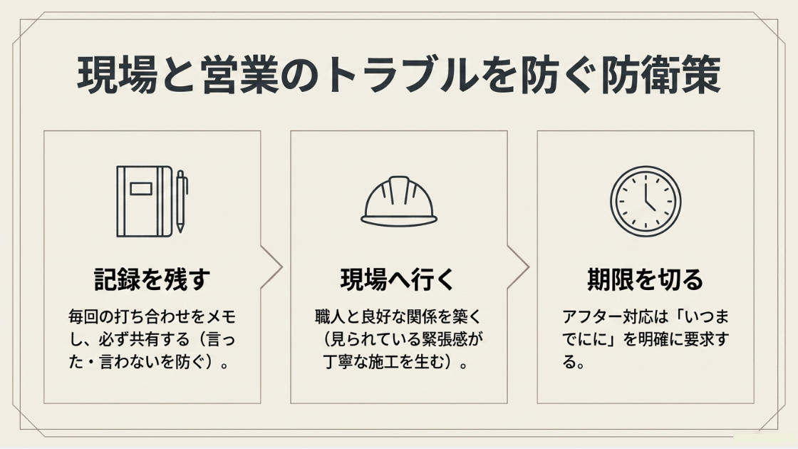 営業や現場とのトラブルを防ぐ自己防衛策。言った言わないを防ぐ「記録を残す」、職人と関係を築き丁寧な施工を生む「現場へ行く」、アフター対応を遅らせない「期限を切る」の3ステップ