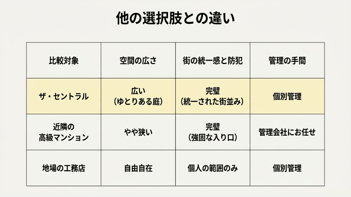 ザ・セントラル、近隣の高級マンション、地場の工務店の空間の広さや管理の手間などを比較した表