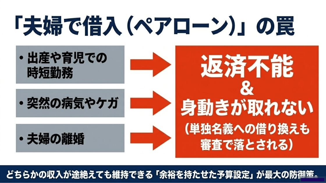 夫婦で借入するペアローンの罠。時短勤務、病気、離婚時の返済不能や身動きが取れなくなるリスク