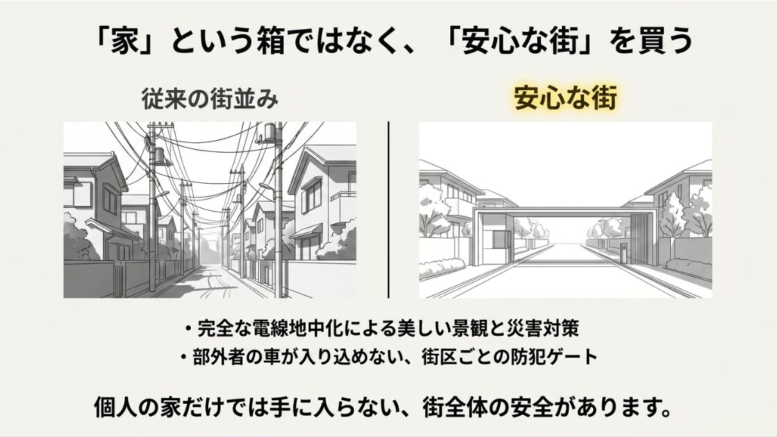 完全な電線地中化による美しい景観と、街区ごとの防犯ゲートを備えた安心な街並みのイメージ