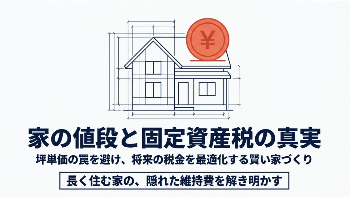 家の設計図と大きな日本円のコインが描かれたイラスト。「家の値段と固定資産税の真実。坪単価の罠を避け、将来の税金を最適化する賢い家づくり」というタイトルのスライド