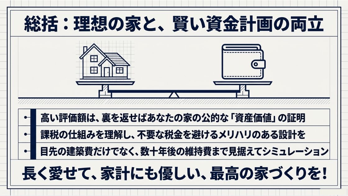 評価額は「資産価値」の証明であること、不要な税金を避ける設計、維持費を見据えたシミュレーションの重要性をまとめた総括スライド