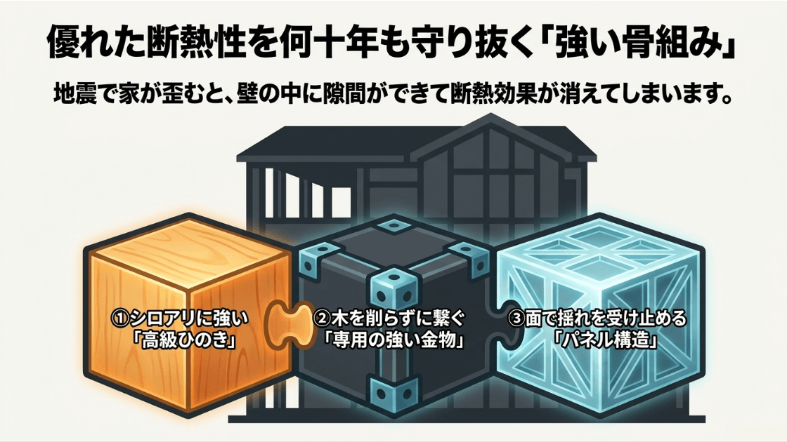 高級ひのき、専用の強い金物、パネル構造によって優れた断熱性を守り抜く強い骨組みの解説スライド
