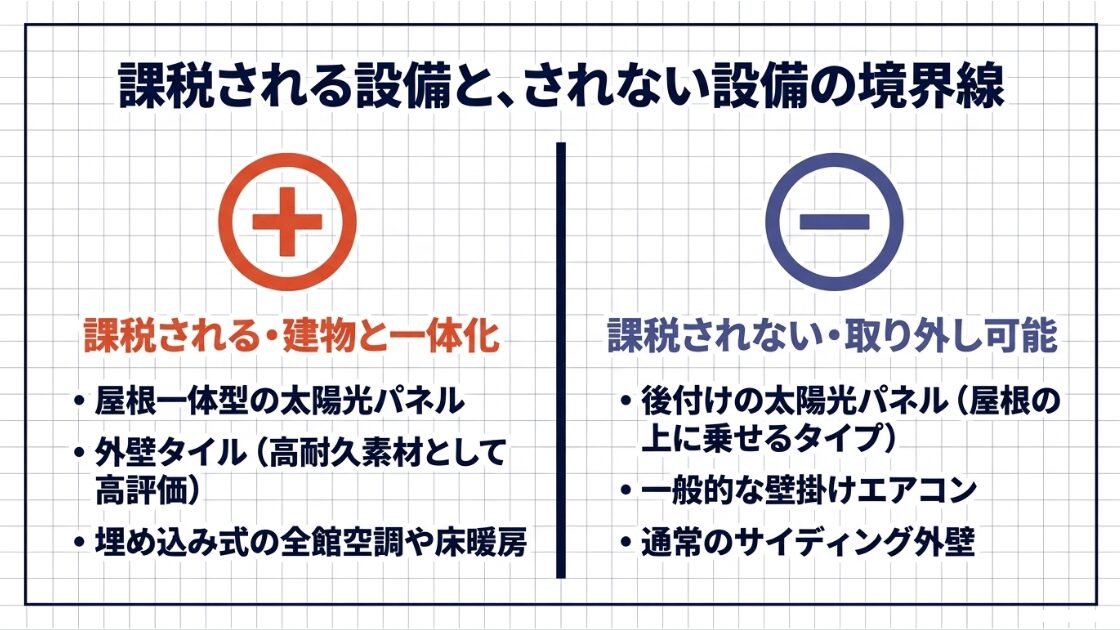 建物と一体化して課税される設備(屋根一体型パネル、外壁タイル、埋め込み式空調など)と、取り外し可能で課税されない設備(後付けパネル、壁掛けエアコン、サイディング外壁など)の比較リスト