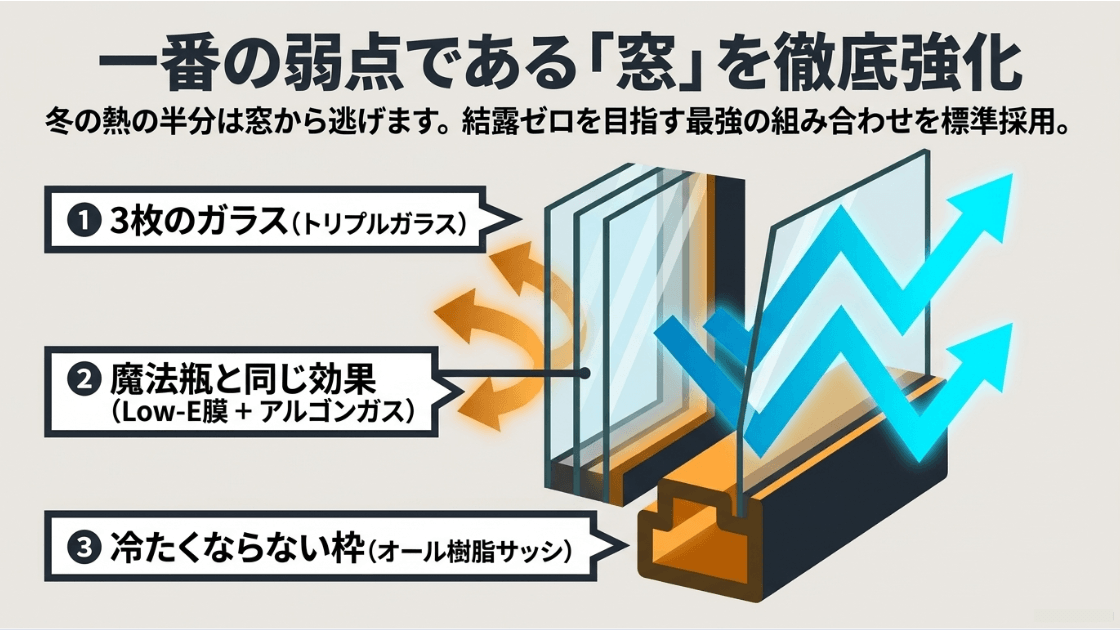 トリプルガラス、Low-E膜とアルゴンガス、オール樹脂サッシを用いて窓を強化する仕組みの解説スライド