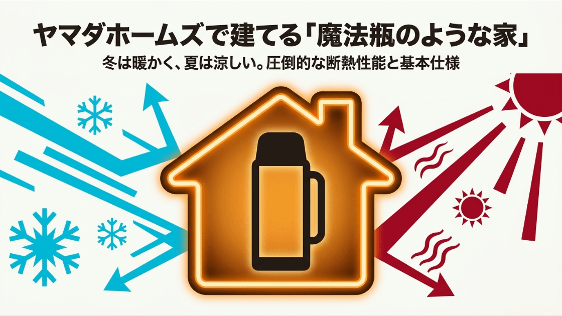 ヤマダホームズで建てる「魔法瓶のような家」の圧倒的な断熱性能と基本仕様を示すタイトルスライド