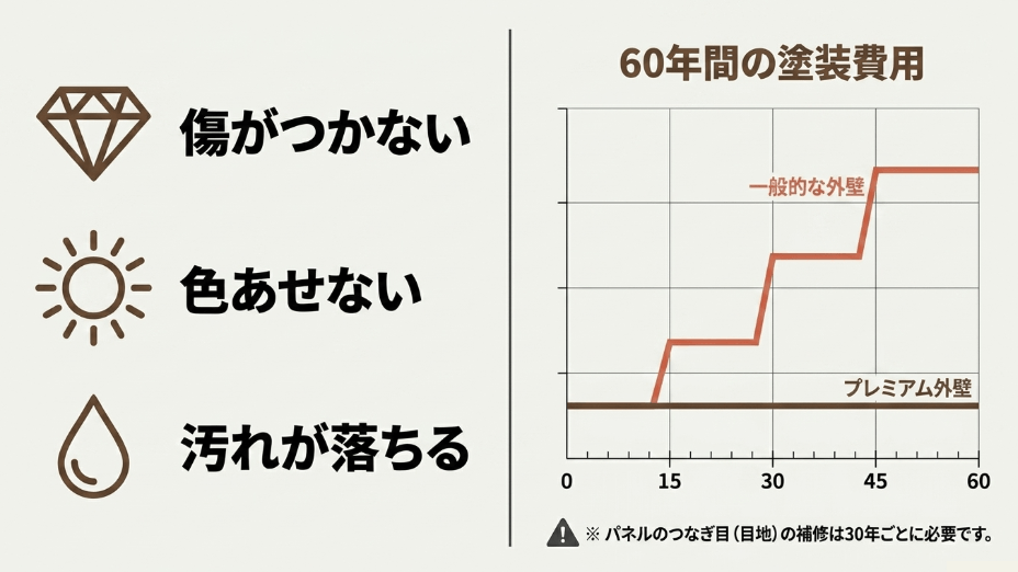60年間の塗装費用シミュレーション。補修が30年ごとの目地のみで済むプレミアム外壁と、定期的な塗装が必要な一般的な外壁のコスト差を示すグラフ