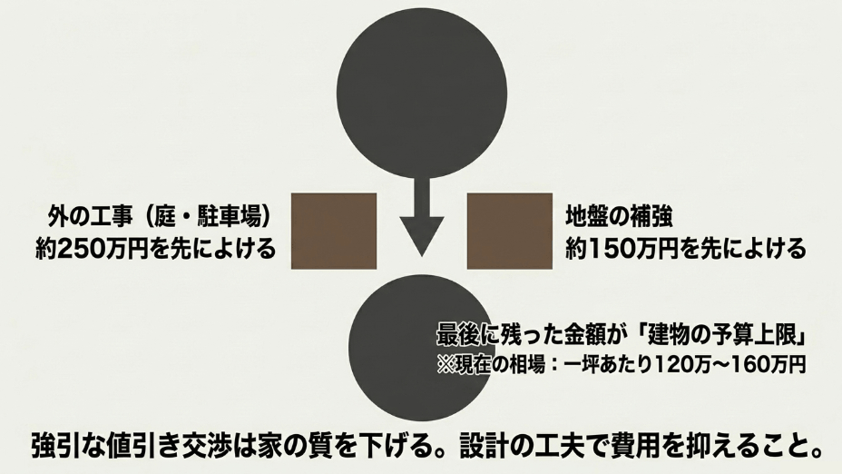 外の工事(約250万円)と地盤の補強(約150万円)を先によけ、残った金額を建物の予算上限とする資金計画の図解