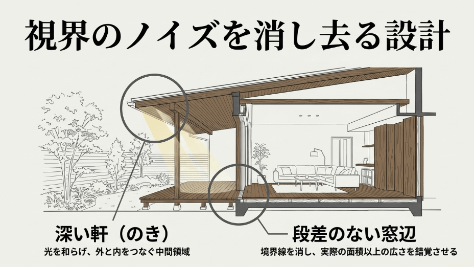 視界のノイズを消し去り、実際の面積以上の広さを錯覚させる「深い軒」と「段差のない窓辺」の断面図