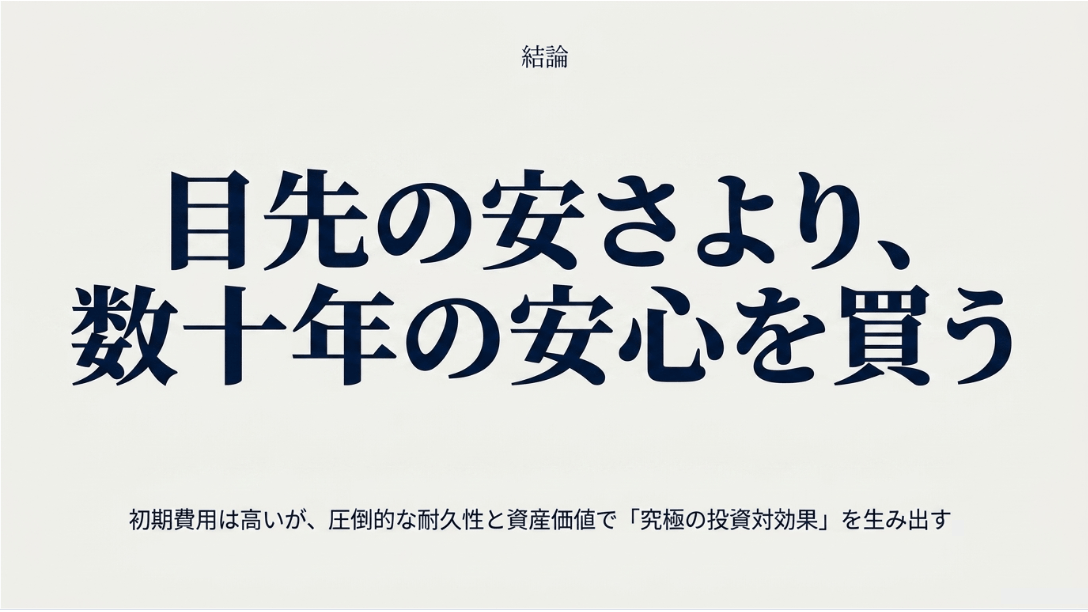 目先の安さより数十年の安心を買う。初期費用は高いが圧倒的な耐久性と資産価値で究極の投資対効果を生み出すという記事の結論