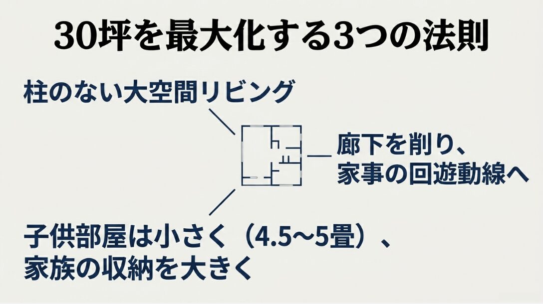 柱のない大空間リビング、廊下を削った家事の回遊動線、子供部屋を小さくして収納を増やすという、30坪の間取りを最大化する3つの法則