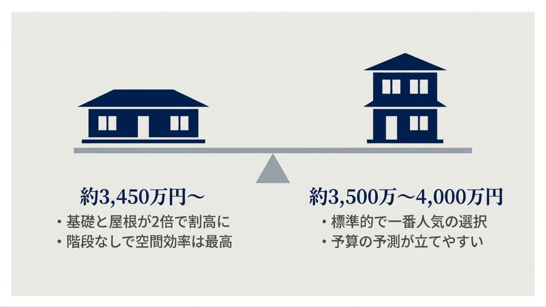 積水ハウスにおける平屋(約3,450万円〜)と2階建て(約3,500万〜4,000万円)の総額や、基礎・屋根のコスト、空間効率の違いを比較した図