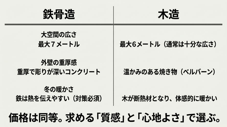 大空間の広さ、外壁の重厚感、冬の暖かさにおける鉄骨造と木造(シャーウッド)の違いをまとめた比較表