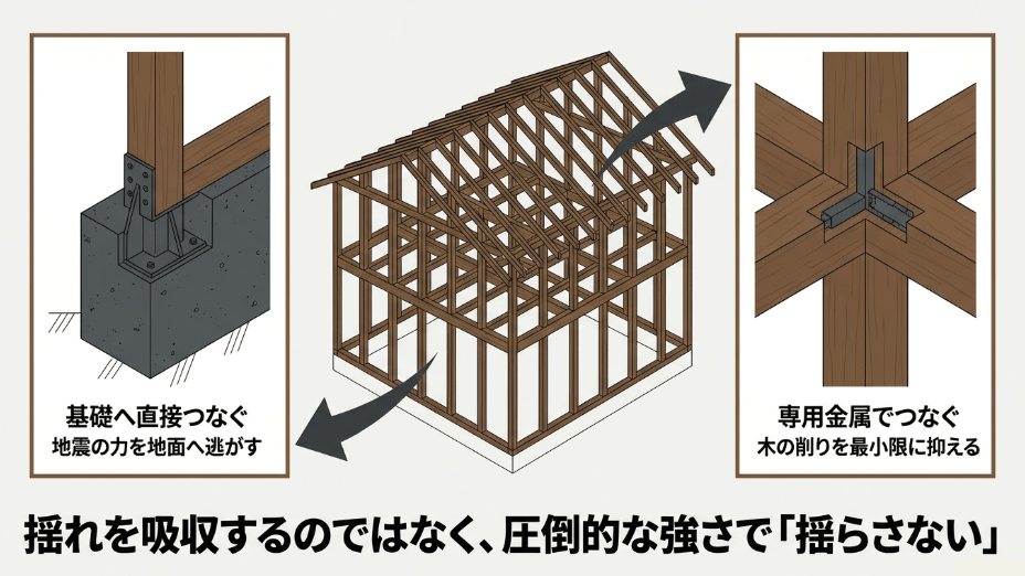 木材の削りを最小限に抑える専用金属での接合と、地震の力を地面へ逃がす基礎ダイレクトジョイントの構造図