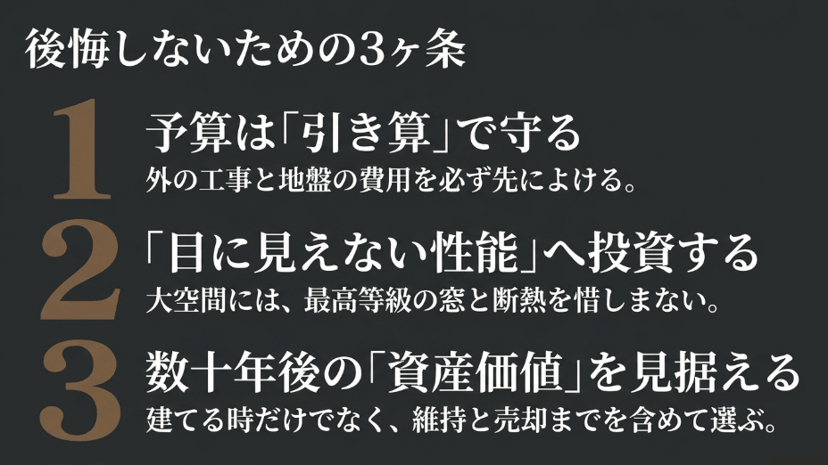 予算は引き算で守る、目に見えない性能へ投資する、数十年後の資産価値を見据えるという「後悔しないための3ヶ条」