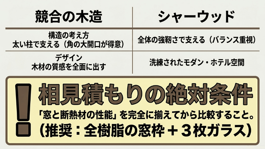 構造の考え方やデザインの違い、および相見積もりの絶対条件(窓と断熱材の性能を完全に揃えること)を記した比較表