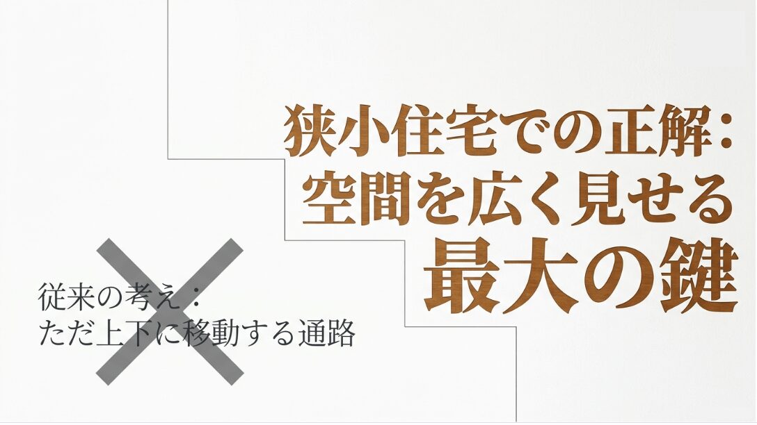 階段づくり最大の鍵。ただ上下に移動する通路という従来の考えから、空間を広く見せることが狭小住宅での正解であると示す図