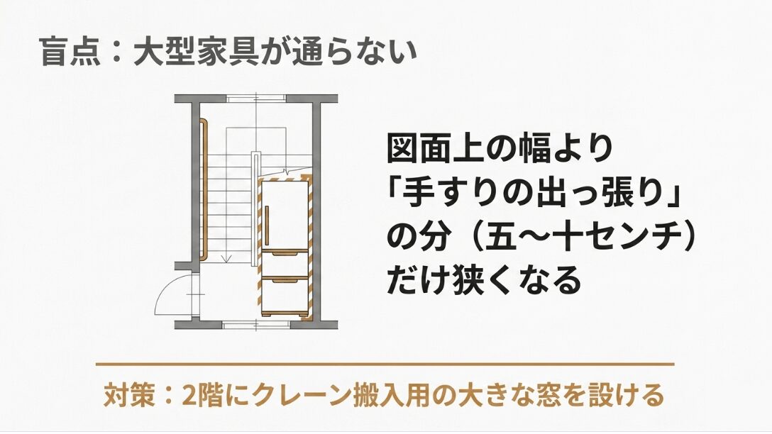 大型家具が通らない盲点を解説する図。図面上の幅より手すりの出っ張りの分だけ狭くなることと、2階にクレーン搬入用の窓を設ける対策を明記