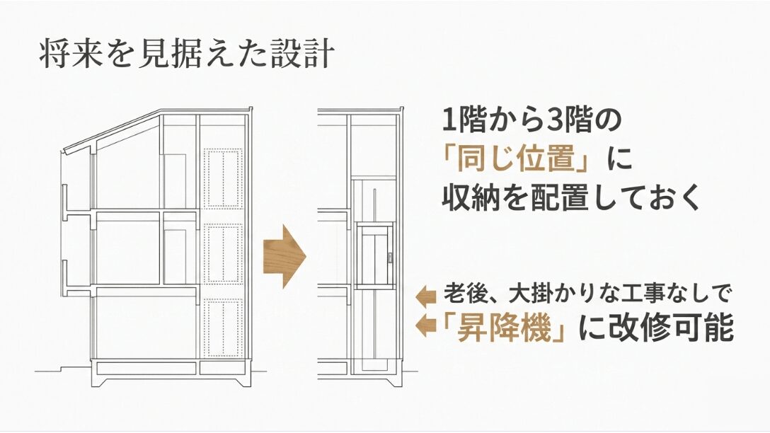 将来を見据えた設計の図。1階から3階の同じ位置に収納を配置しておき、老後に大掛かりな工事なしで昇降機に改修するアイデア