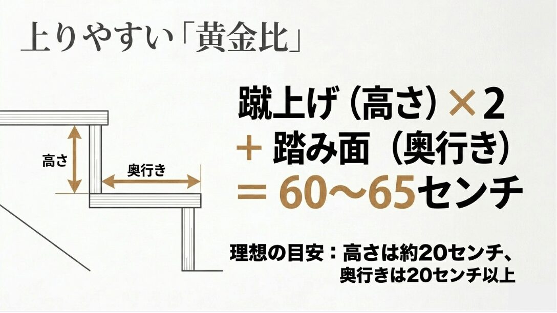 上りやすい階段の黄金比を示す図。蹴上げの高さの2倍と踏み面の奥行きを足して60から65センチになるのが理想の目安
