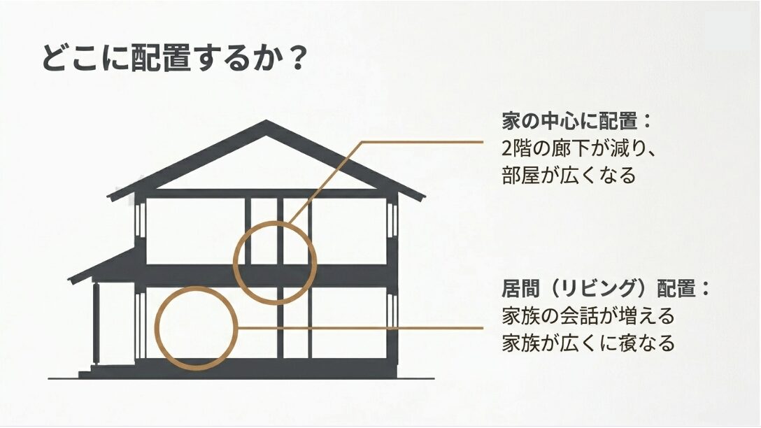 階段をどこに配置するかを示す断面図。家の中心に配置した場合と居間に配置した場合の特徴を解説