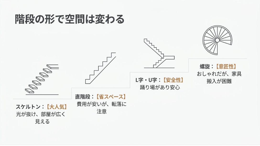 階段の形で空間は変わることを示す図。スケルトン、直階段、L字・U字、螺旋階段の4種類の特徴を比較