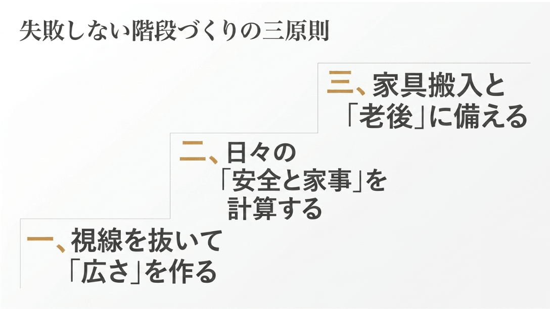 失敗しない階段づくりの三原則。視線を抜いて広さを作る、日々の安全と家事を計算する、家具搬入と老後に備えるの3つのポイント