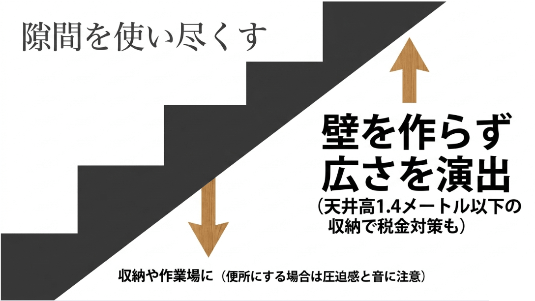 階段下などの隙間を使い尽くすアイデア。壁を作らず広さを演出する収納や作業場、天井高1.4メートル以下の収納について図解