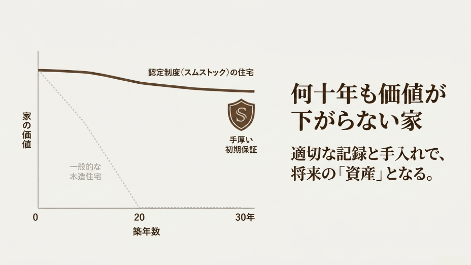 築20年で価値が下落する一般的な木造住宅に対し、手厚い初期保証と認定制度により何十年も価値が下がらないスムストック住宅の比較グラフ