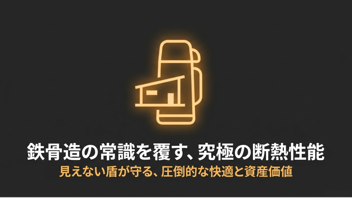 鉄骨造の常識を覆す究極の断熱性能と、見えない盾が守る圧倒的な快適性と資産価値を表現したタイトルスライドです