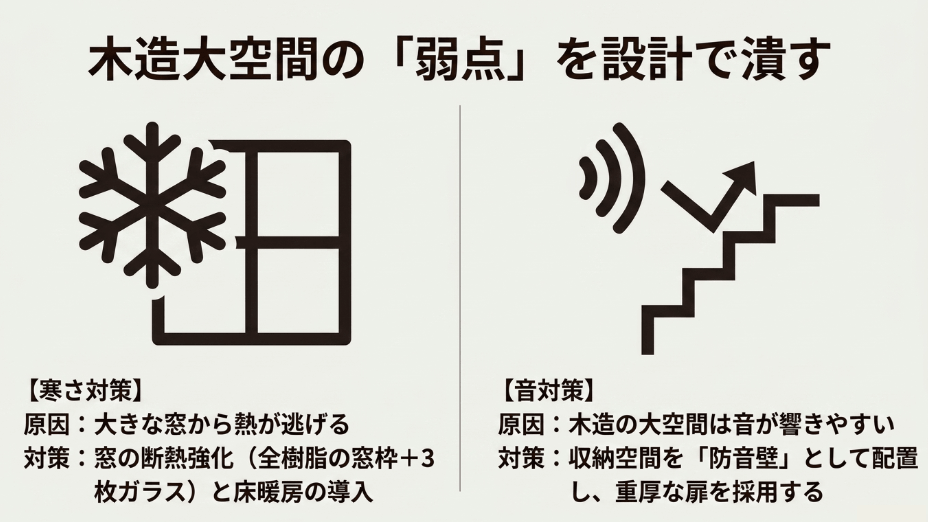窓の断熱強化や床暖房による寒さ対策と、防音壁としての収納配置による音対策を示す図解