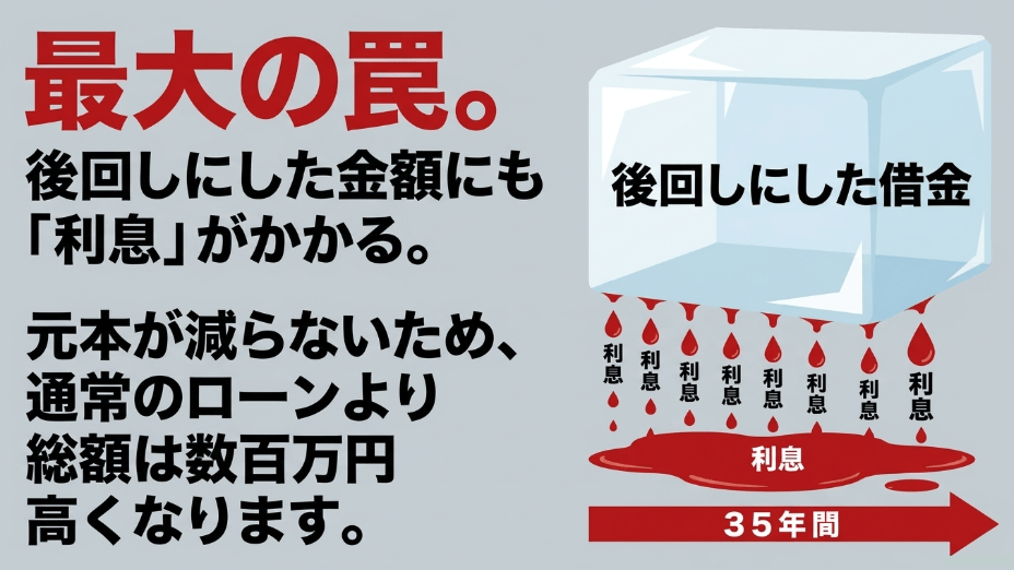 最大の罠。後回しにした残価にも利息がかかるため、総支払額が高くなる