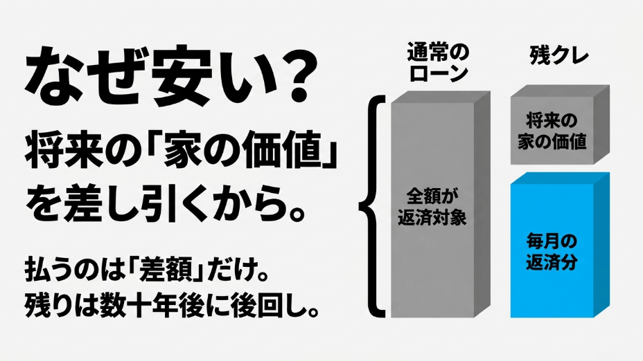 残クレ住宅ローンの仕組み。将来の家の価値を差し引くため月々の返済は差額のみとなる