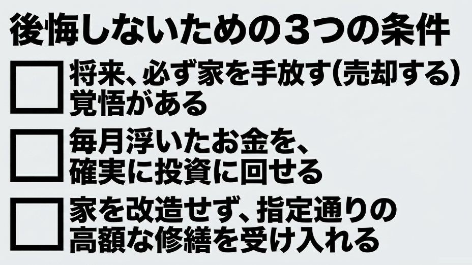 後悔しないための3つの条件。将来家を手放す覚悟、浮いたお金の投資、指定通りの修繕の受け入れ