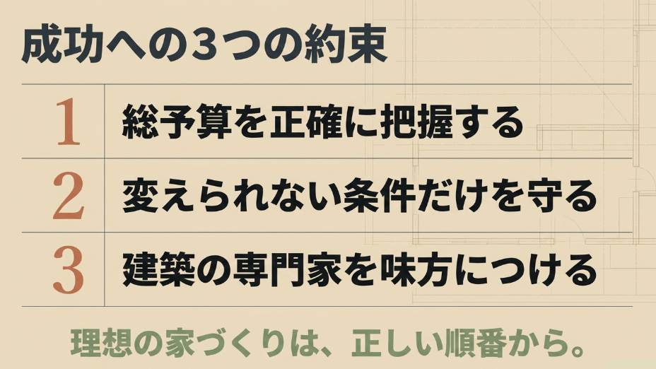 成功への3つの約束:1.総予算を正確に把握する 2.変えられない条件だけを守る 3.建築の専門家を味方につける