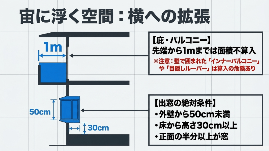 庇やバルコニーの先端から1m後退ルールと、出窓が面積に不算入となる3つの条件(外壁から50cm未満など)の図解