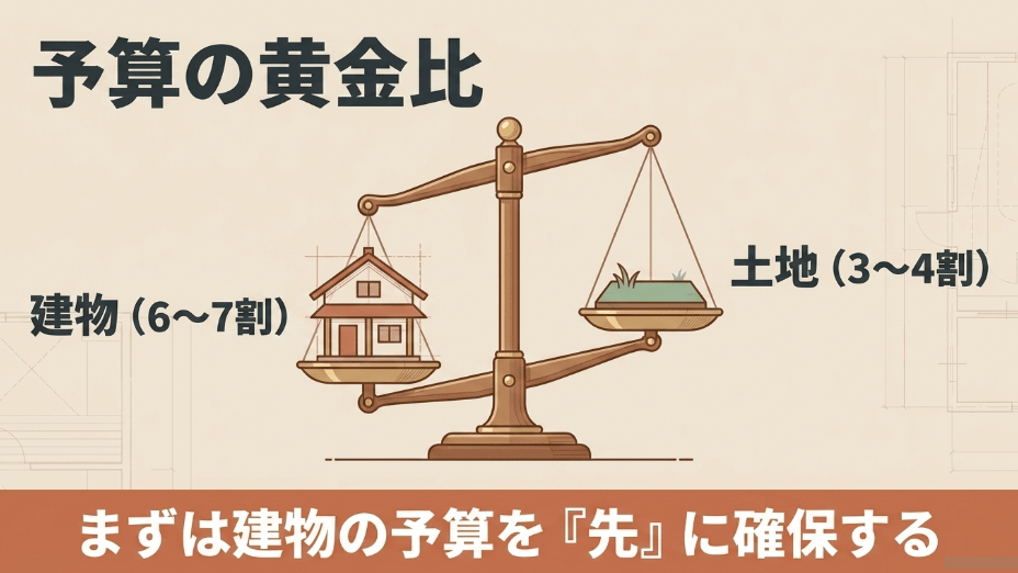 予算の黄金比:土地3〜4割、建物6〜7割。まずは建物の予算を先に確保する