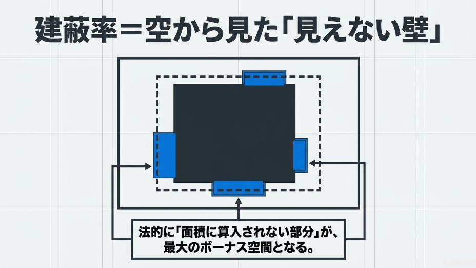 建蔽率の仕組みと、法的に建築面積に算入されないボーナス空間の考え方を示す図解