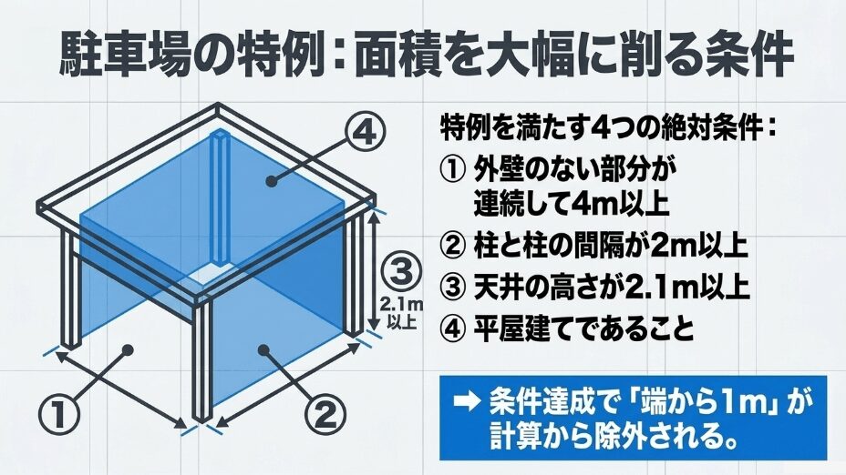 カーポートの面積を抑える緩和特例を受けるための4つの条件(外壁のない部分が連続4m以上など)を図解したスライド
