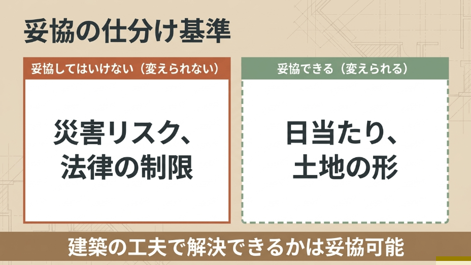 妥協の仕分け基準。災害リスクなどの変えられないものは妥協せず、日当たりや土地の形などの工夫で解決できるものは妥協する