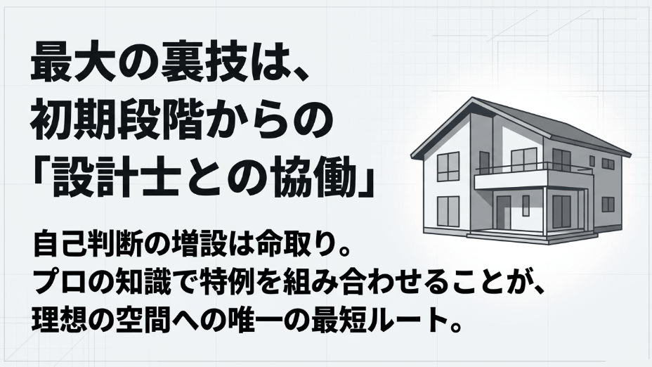 合法的な建蔽率の裏技を安全に活用するため、自己判断を避け、初期段階から設計士と協働することの重要性を伝えるスライド