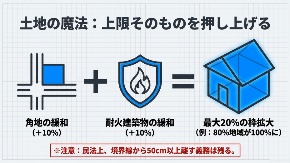 地下室、ビルトインガレージ、ロフト、吹き抜けを活用し、容積率の計算から面積を除外する緩和特例の解説図