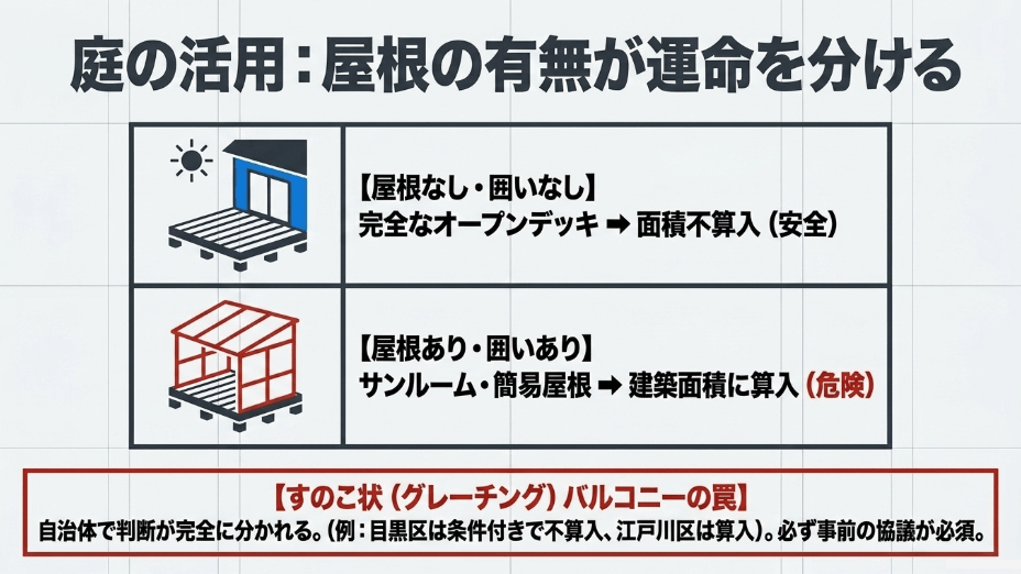 ウッドデッキ、サンルーム、グレーチングバルコニーにおける屋根の有無による建築面積算入の判断基準まとめ