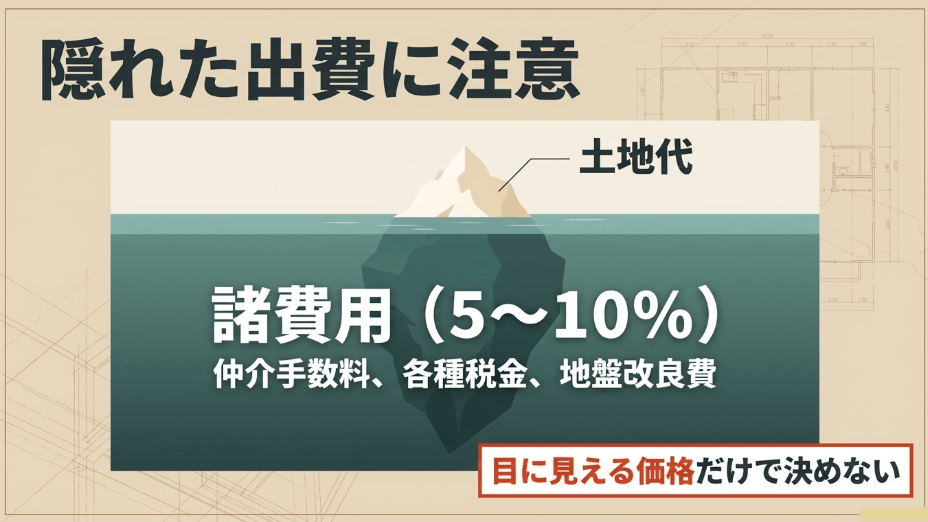土地代以外の隠れた出費に注意。諸費用は5〜10%(仲介手数料、各種税金、地盤改良費)