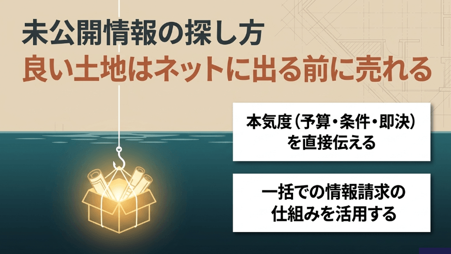 未公開情報の探し方。良い土地はネットに出る前に売れるため、本気度を直接伝え、一括情報請求を活用する
