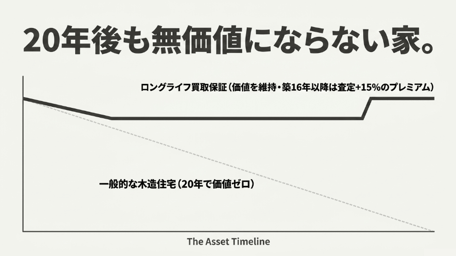 20年後も無価値にならない、一般的な木造住宅とマイデッサンの資産価値(ロングライフ買取保証)の比較グラフ