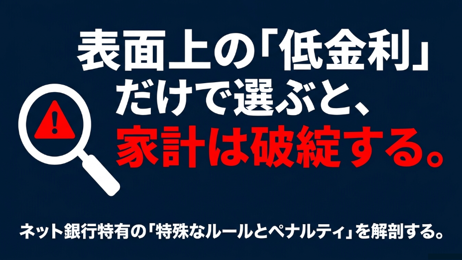 表面上の「低金利」だけで選ぶと、家計は破綻する。ネット銀行特有の特殊なルールとペナルティを解剖するというテキストと、虫眼鏡に警告マークのイラストが描かれたスライド