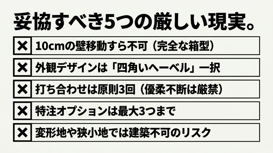 マイデッサンで妥協すべき5つの厳しい現実:間取り変更不可、外観デザイン制限、打ち合わせ回数、特注オプション制限、建築不可リスク